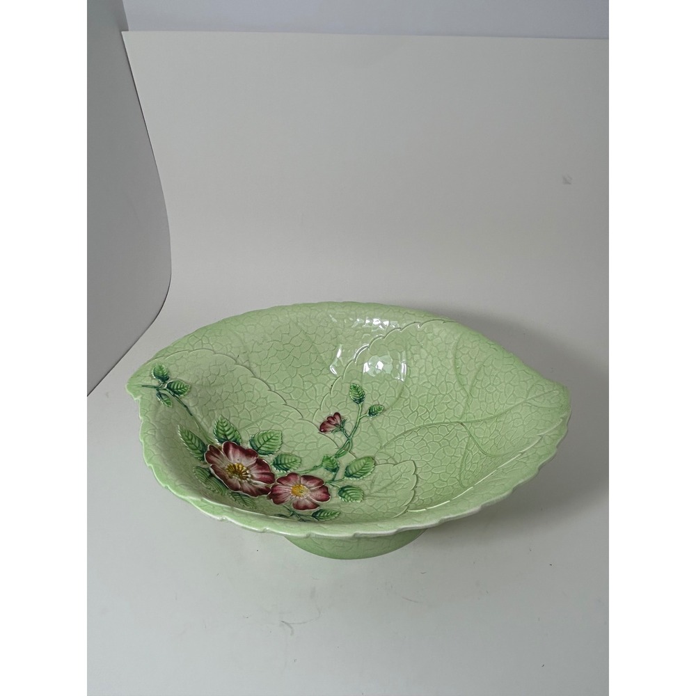 Carlton Ware Vintage Green Leaf Wild Rose Pedestal Bowl Made in England Floral